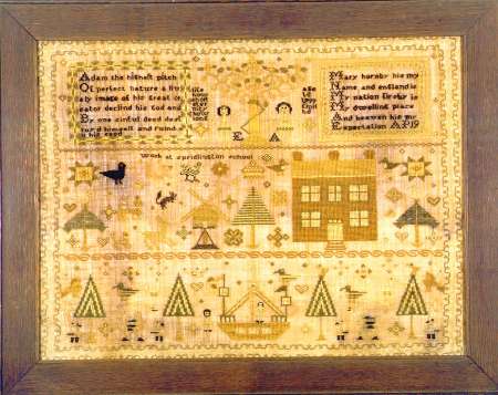 Antique sampler stitched silk embroridery, needlework picture, tapestry, canvaswork pictrue American or English