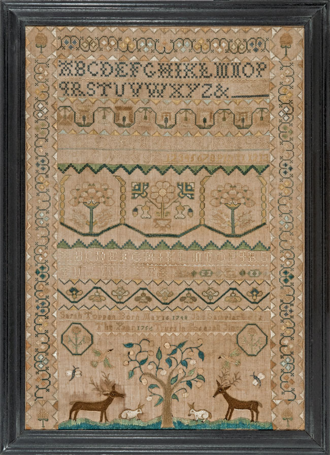 Newbury, MA Sampler dated 1756 by Sarah Toppan from Huber