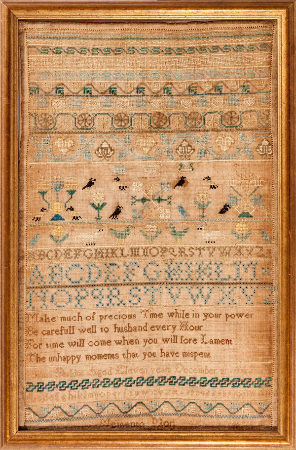Plymouth, MA Needlework sampler dated 1766 from Huber